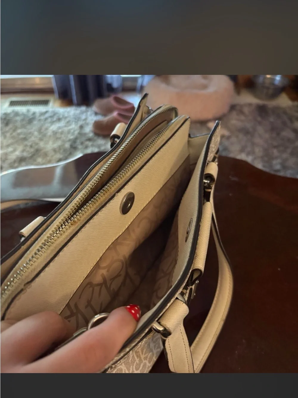 Calvin Klein Cream Monogram Satchel with Top Handles